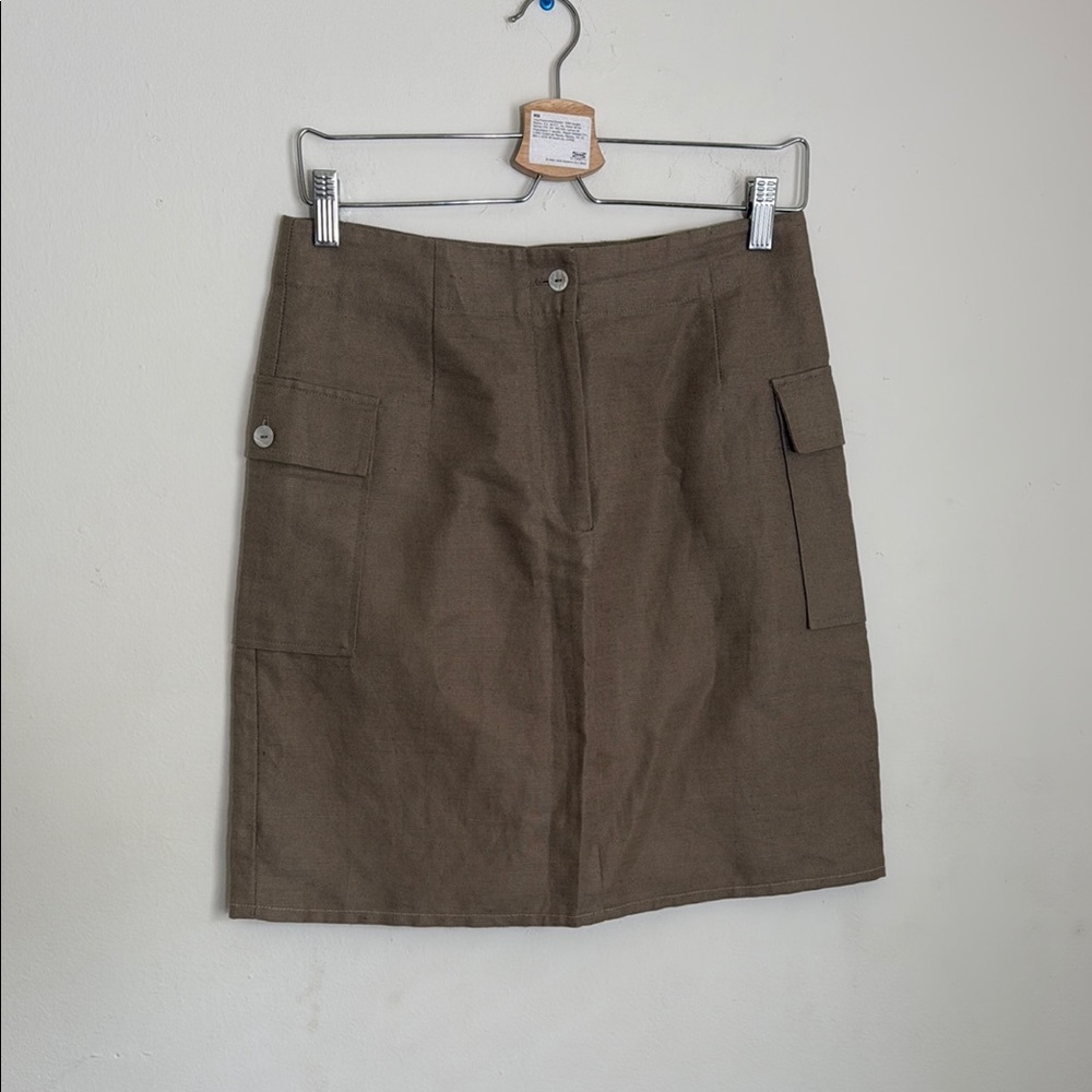 Vintage Richard Malcolm Tan 100% Irish Linen Skirt with Mother of Pearl Buttons